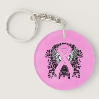 Pink Awareness Ribbon on with Wings Keychain