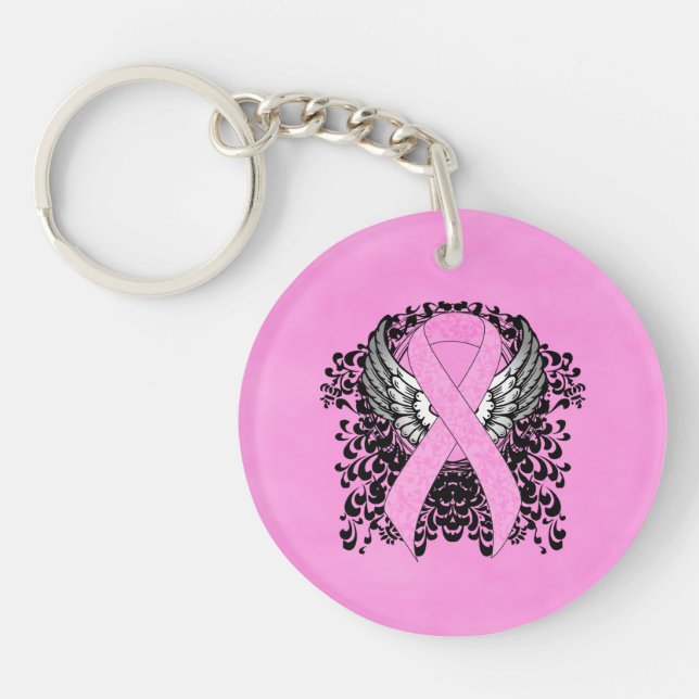 Pink Awareness Ribbon on with Wings Keychain (Front)