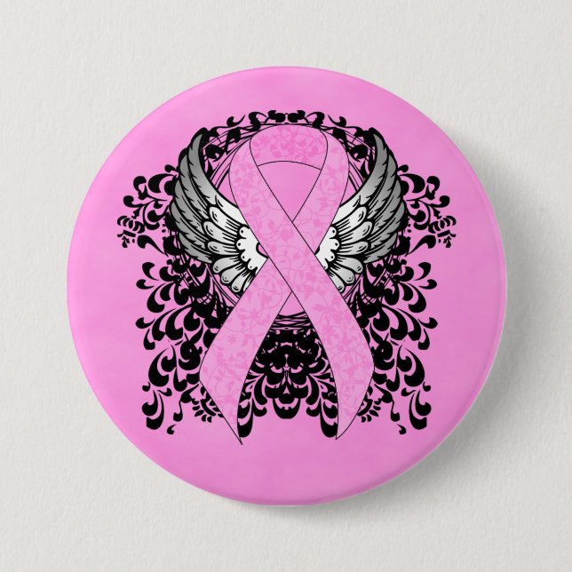 Pink Awareness Ribbon on with Wings Pinback Button (Front)