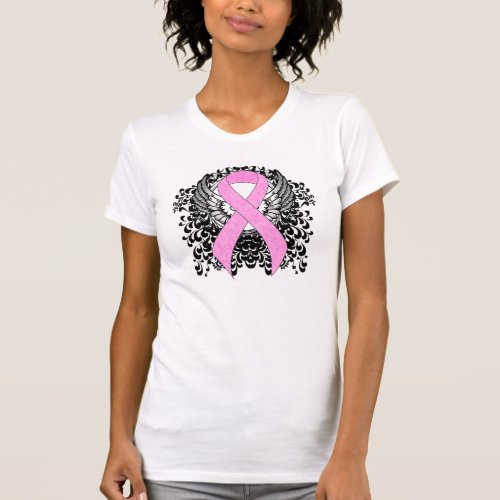 Pink Awareness Ribbon on with Wings T_Shirt