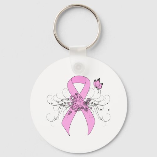 Pink Awareness Ribbon with Butterfly Keychain