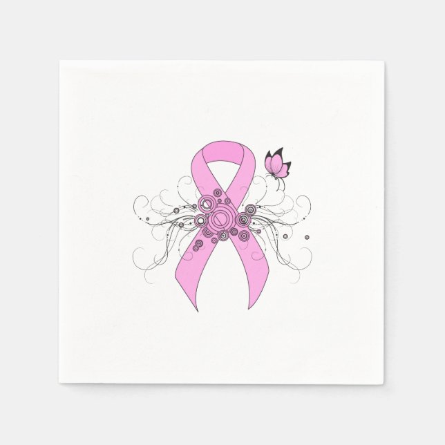 Pink Awareness Ribbon with Butterfly Paper Napkins (Front)
