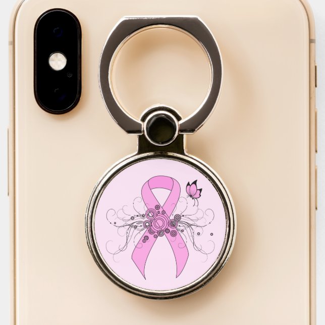 Pink Awareness Ribbon with Butterfly Phone Ring Stand (Close Up)