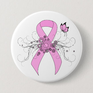 Pink Awareness Ribbon with Butterfly Pinback Button