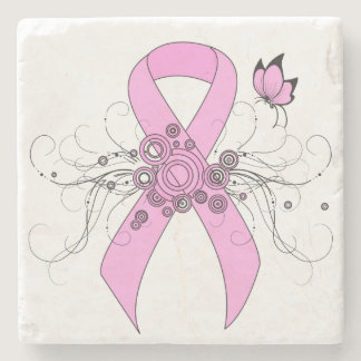 Pink Awareness Ribbon with Butterfly Stone Coaster
