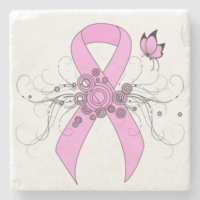 Pink Awareness Ribbon with Butterfly Stone Coaster (Front)