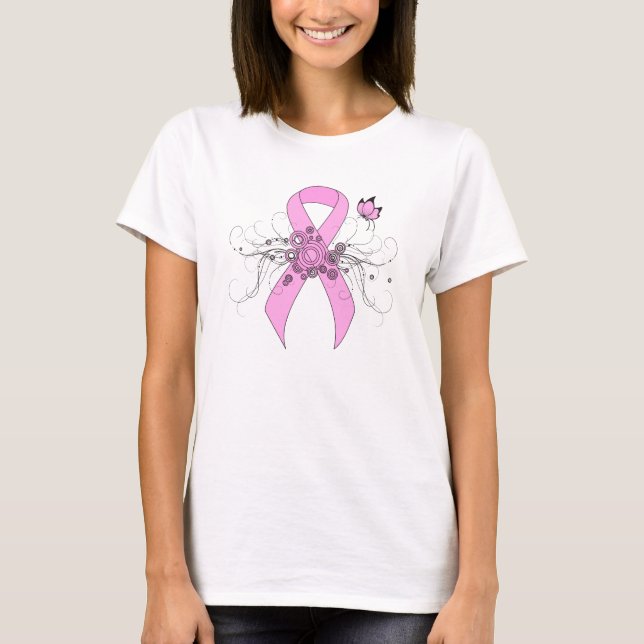 Pink Awareness Ribbon with Butterfly T-Shirt (Front)