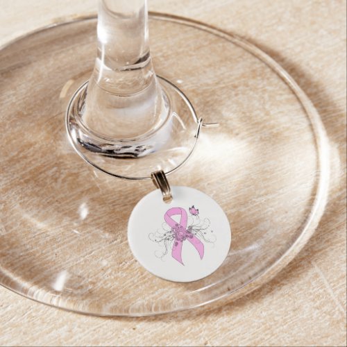 Pink Awareness Ribbon with Butterfly Wine Charm