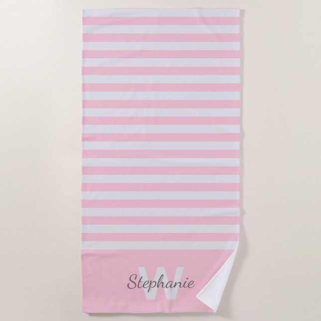 Pink awning stripe with personalization  beach towel (Front)