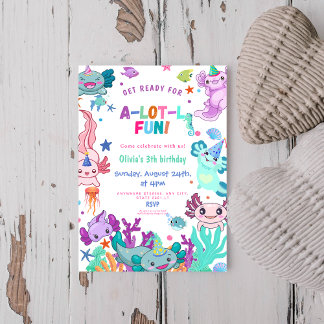 Pink axolotl Alotl Fun birthday party Invitation