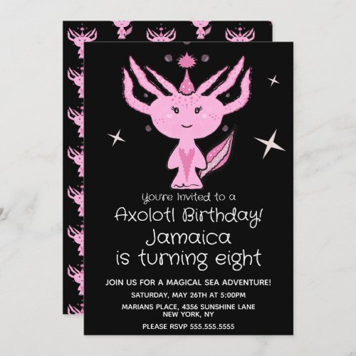 Pink Axolotl Birthday Party Hand Drawn  Invitation