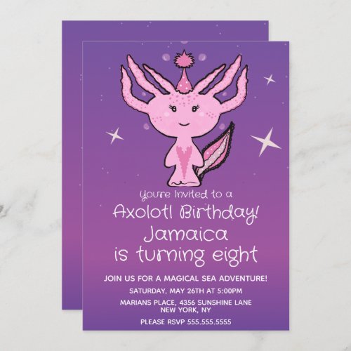 Pink Axolotl Birthday Party Hand Drawn  Invitation