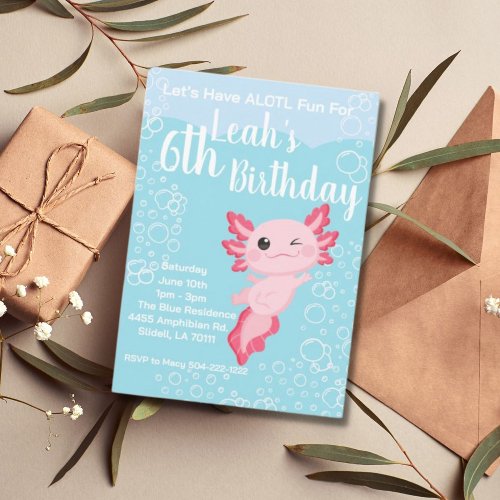 Pink Axolotl Birthday Party Invitation