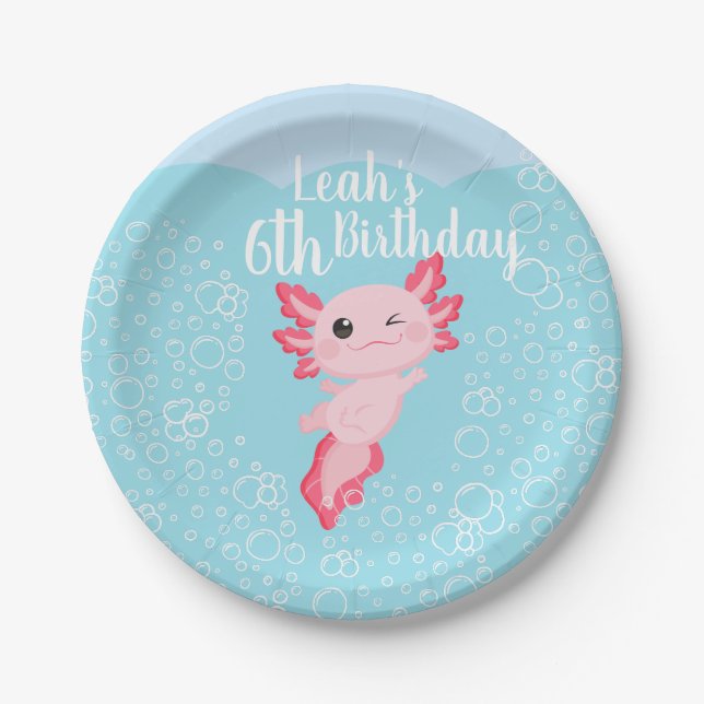 Pink Axolotl Birthday Party Paper Plates (Front)