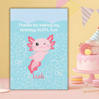 Pink Axolotl Birthday Party Thank You Card