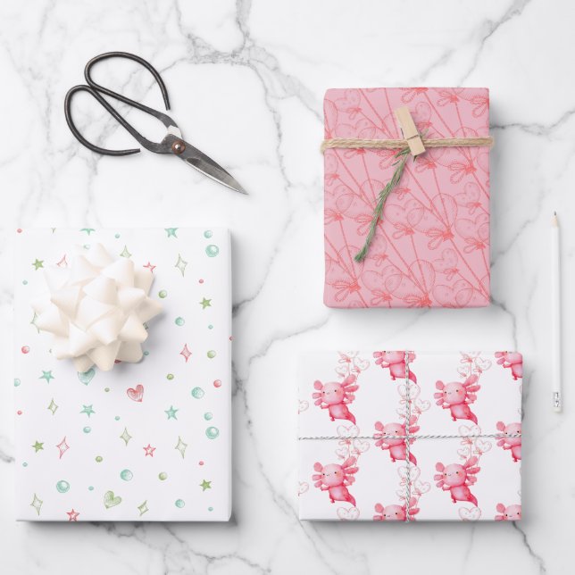 Pink Axolotl Birthday Party Wrapping Paper Sheets (Front)