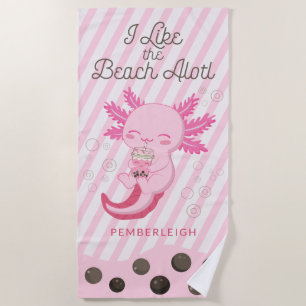 Pink Axolotl Boba Tea Stripes Beach Towel