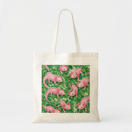 Pink Axolotl Botanical Pattern Tote Bag
