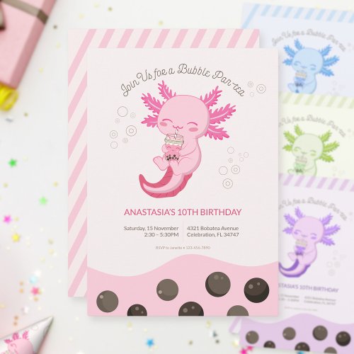 Pink Axolotl Bubble Boba Tea Girl Birthday Invitation