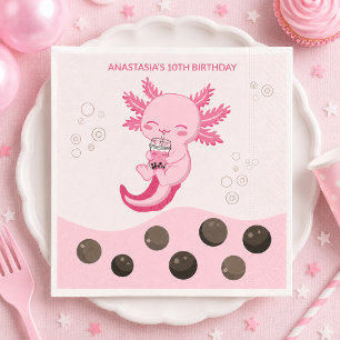 Pink Axolotl Bubble Milk Boba Tea Birthday Napkins