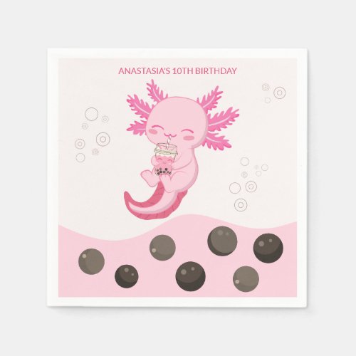 Pink Axolotl Bubble Milk Boba Tea Birthday Napkins