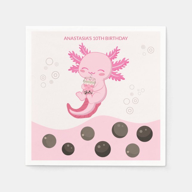 Pink Axolotl Bubble Milk Boba Tea Birthday Napkins (Front)