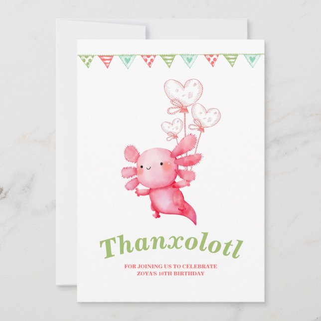Pink Axolotl Fun Kids Birthday Party Thank You Card (Front)