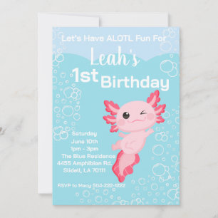 Pink Axolotl Girl 1st Birthday Party Invitation