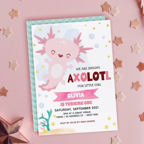 Pink Axolotl Girl Birthday Invitation