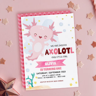 Pink Axolotl Girl Birthday Invitation