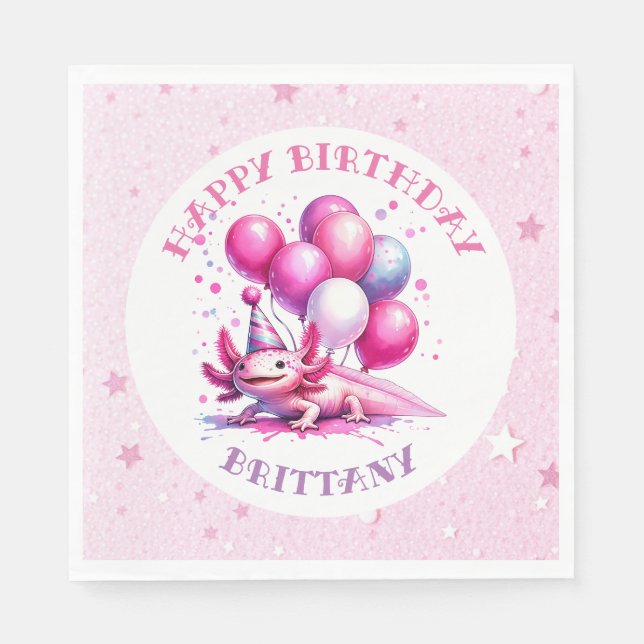 Pink Axolotl Girl's Birthday Party Napkins (Front)