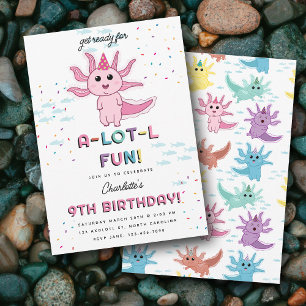 Pink Axolotl Kids Cute Salamander Birthday Party Invitation
