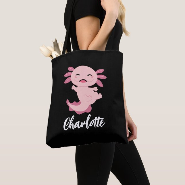 Pink Axolotl Monogram Name Tote Bag (Close Up)