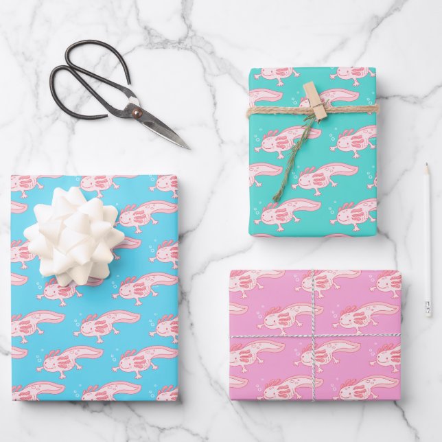 Pink Axolotl Pattern Wrapping Paper Sheets (Front)