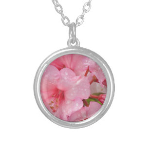 Pink azalea flowers silver plated necklace