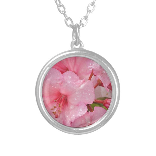 Pink azalea flowers silver plated necklace (Front)