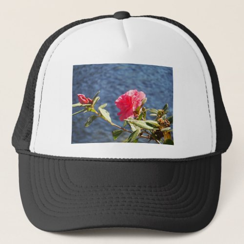 Pink Azalea with Blue Lake Background Trucker Hat