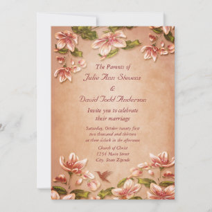 Pink Azaleas Vintage Floral on Whiskey Wedding Invitation