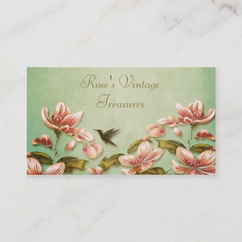 Pink Azaleas Vintage  on Green Mist Retro Business Card Templates