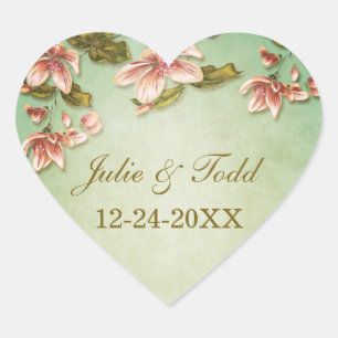 Pink Azaleas Vintage on Green Mist Save The Date Heart Sticker