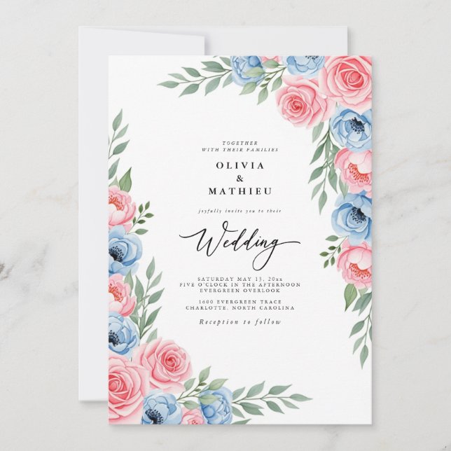 Pink Azure Watercolor Floral Wedding Invitation (Front)