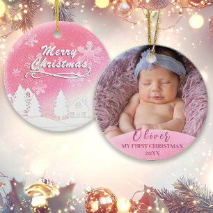 Pink Baby 1st Christmas Custom Photo Ornament