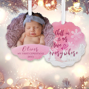 Pink Baby 1st Christmas Custom Photo Ornament Card