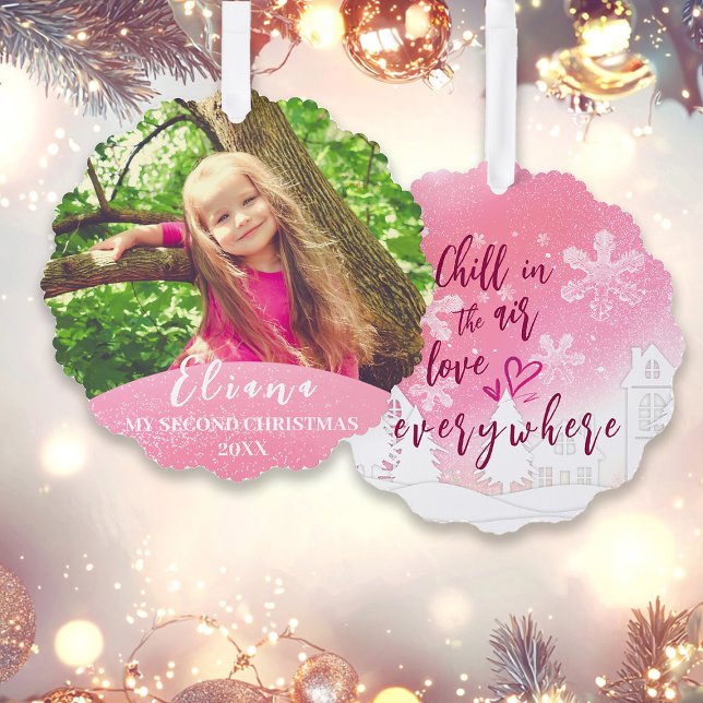 Pink Baby 2nd Christmas Custom Photo Ornament Card (Creator Uploaded)