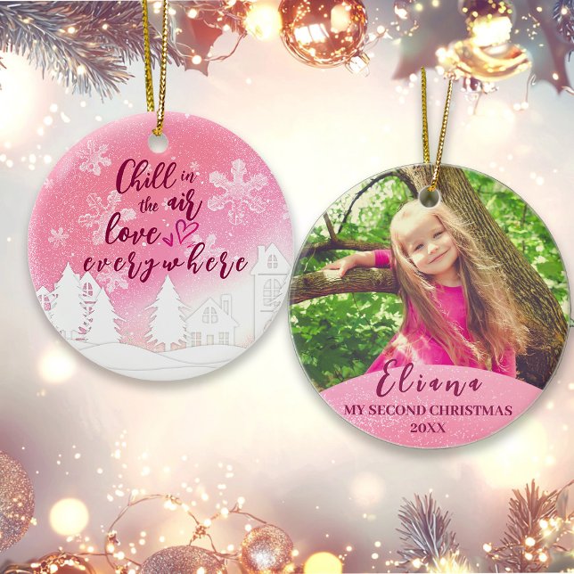 Pink Baby 2nd Christmas Quote Custom Photo Ceramic Ornament (Creator Uploaded)