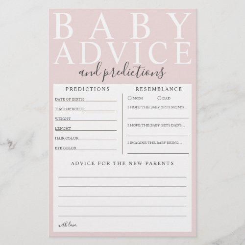 Pink Baby Advice  Predictions Baby Shower Game