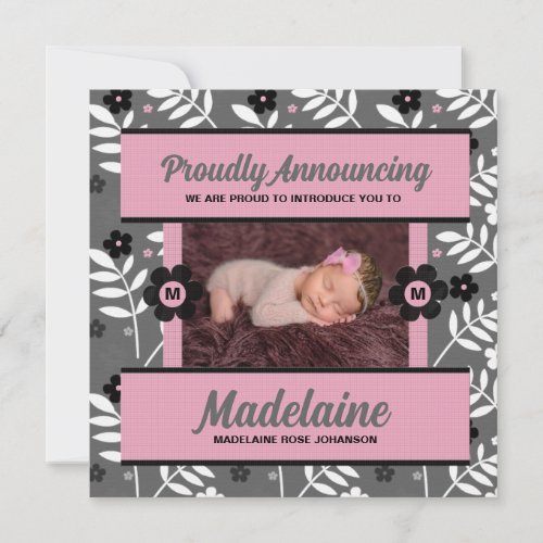 Pink Baby Announcement in Floral with Baby Photo