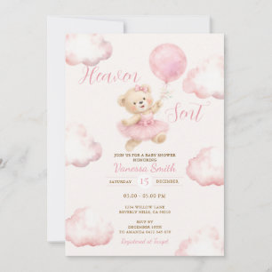 Pink Baby Bear Baby Shower Cloud Heaven Sent Invitation