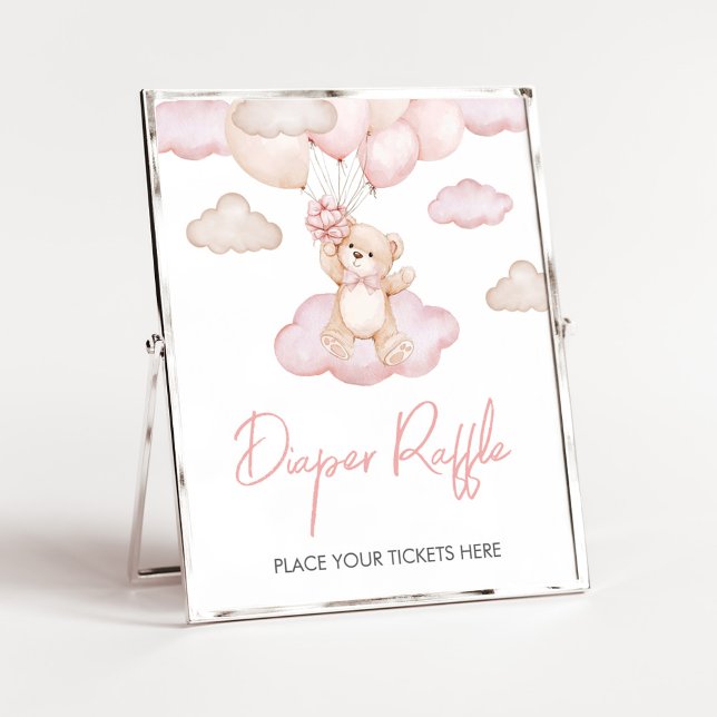 Pink Baby Bear Balloon Baby Shower Diaper Raffle Poster (Pink Baby Bear Balloon Baby Shower Diaper Raffle Sign)