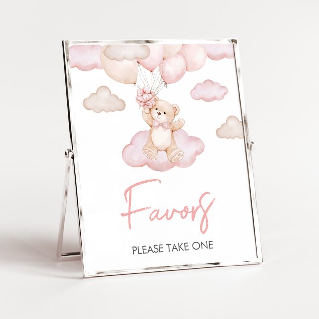 Pink Baby Bear Balloon Baby Shower Favors Poster (Pink Baby Bear Balloon Baby Shower Favors Sign)
